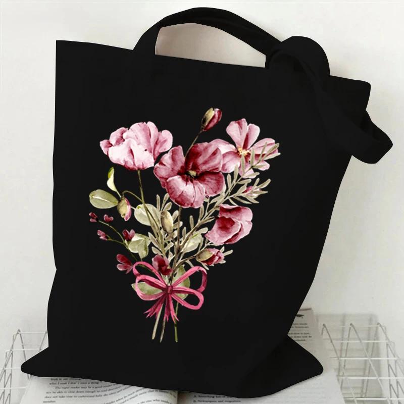 Women'S Tote Bags For Work - Cute Flowers Minimalist Black Floral Canvas