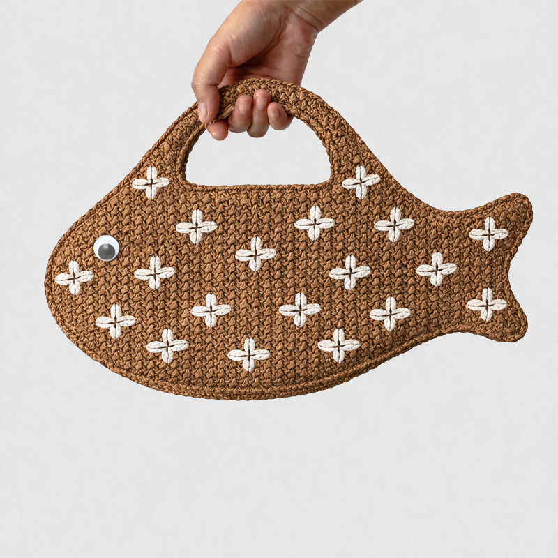 Women'S Raffia Bags - Embroidered Fish Raffia Straw Handbag,Evening bag