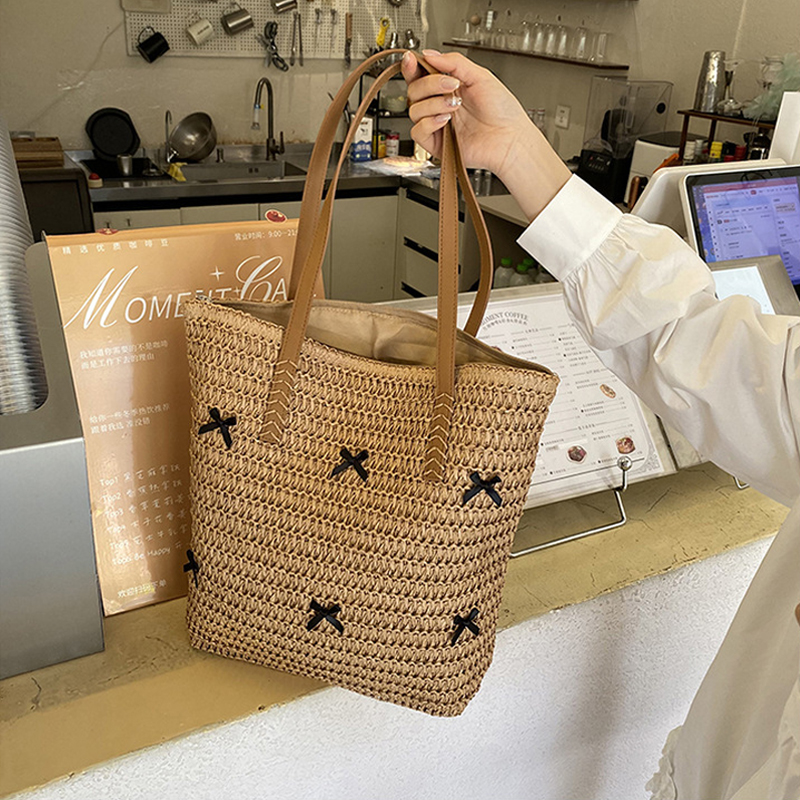 Women'S Raffia Bags - Black Bowknot Summer Beach Large Capacity